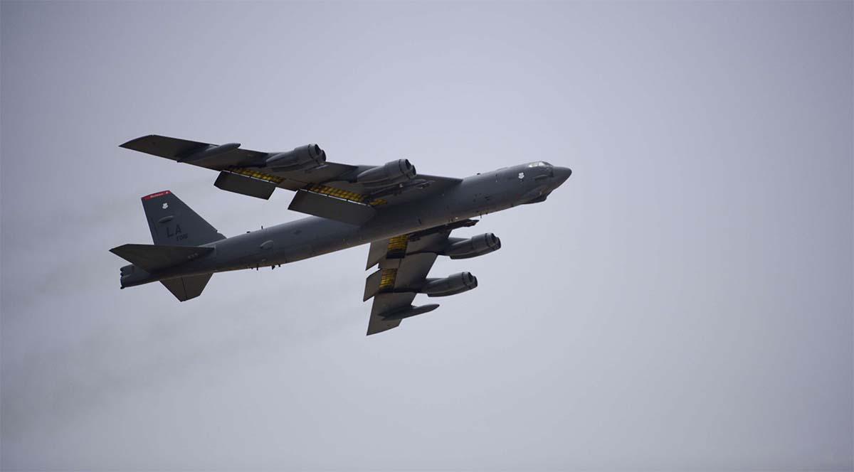U.S Air Force B-52H Stratofortress aircraft assigned to the 20th Expeditionary Bomb Squadron takes off from Al Udeid Air Base