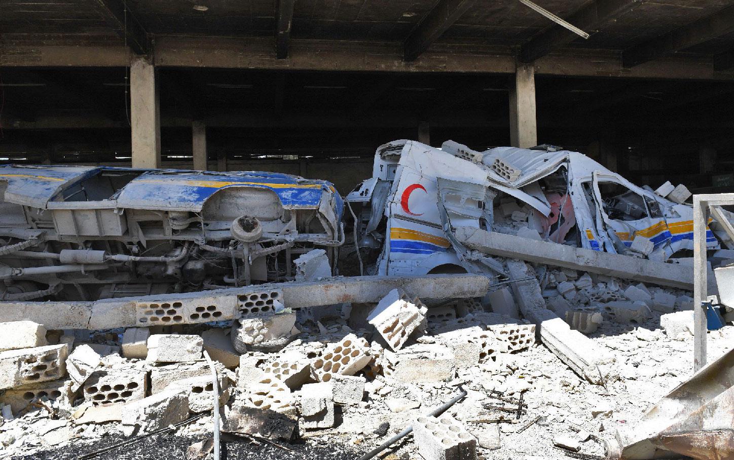 Destroyed ambulances and vehicles of the Syrian Civil Defence