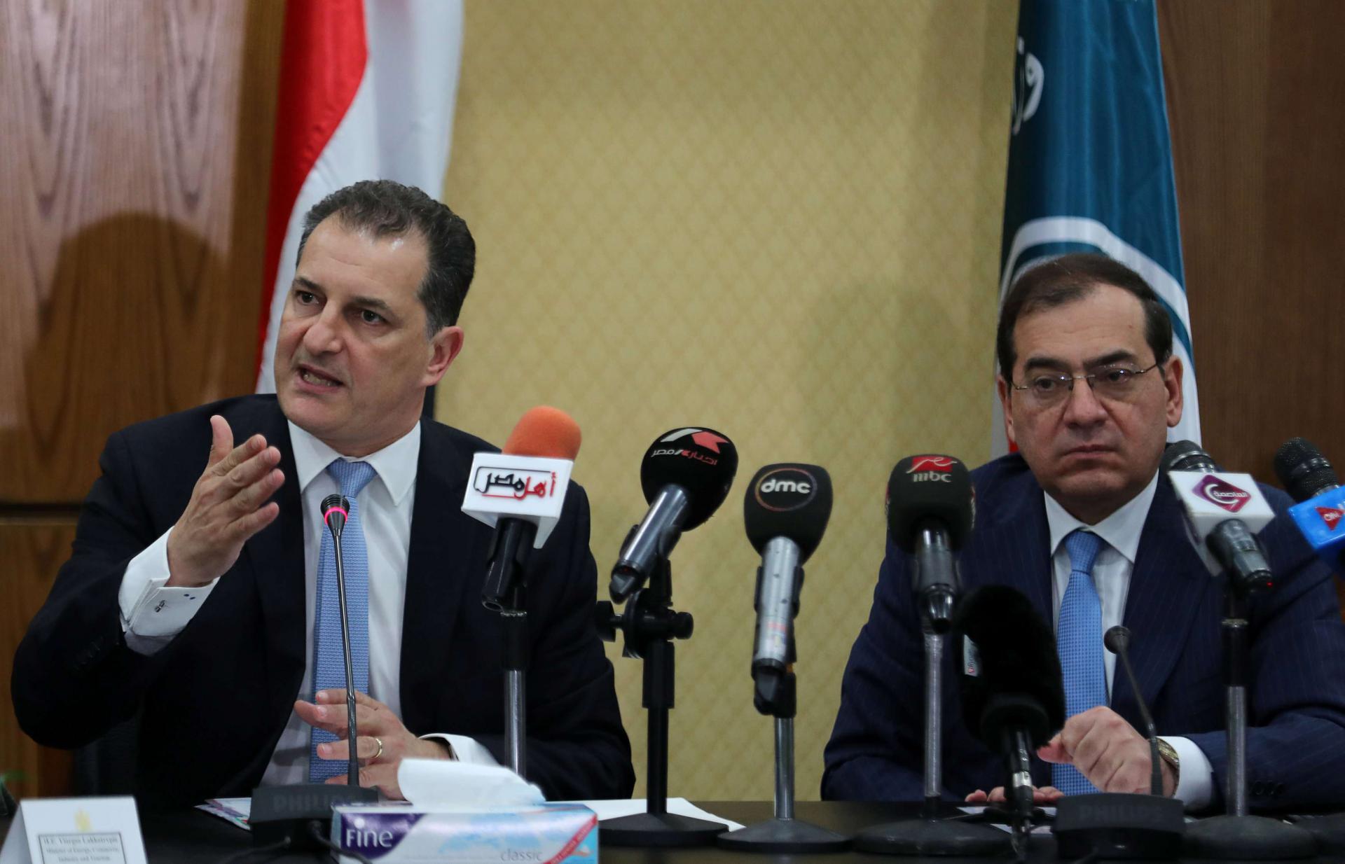 Cyprus' Minister of Energy Yiorgos Lakkotrypis gestures during a joint news conference with Egypt's Minister of Petroleum Tariq al-Mulla in Cairo
