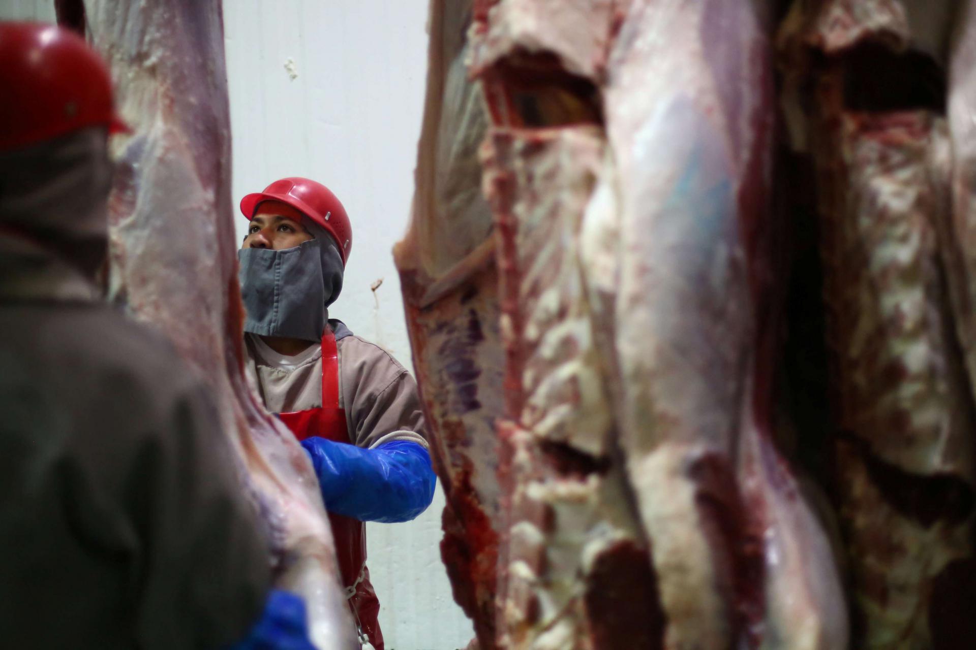 عامل يقطع لحوم البقر في معمل لتصنيع اللحوم في المكسيك