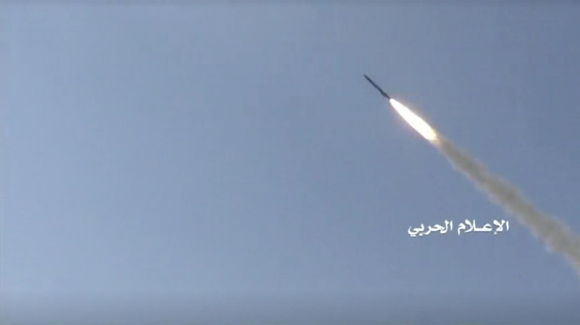 A cruise missile called 'Quds' is seen after it was launched from an unidentified location in Yemen