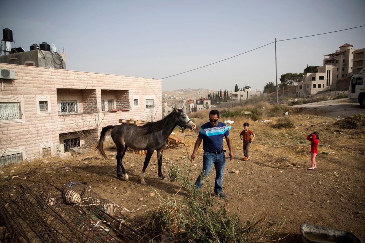 Ismail Obeideh walks with his horse near his home in the Palestinian village of Sur Baher