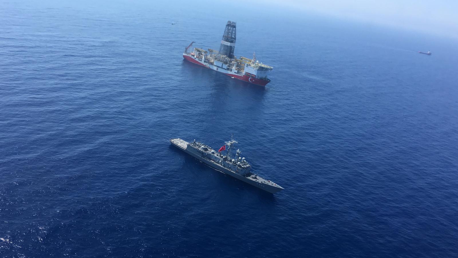 Turkish Navy warship patroling next to Turkey's drilling ship "Fatih" dispatched towards the eastern Mediterranean near Cyprus
