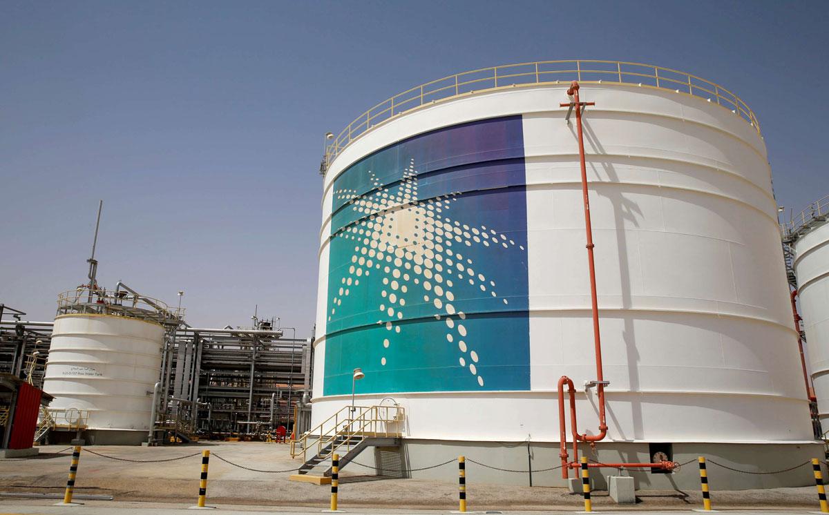 An Aramco oil tank is seen at Saudi Aramco's Shaybah oilfield
