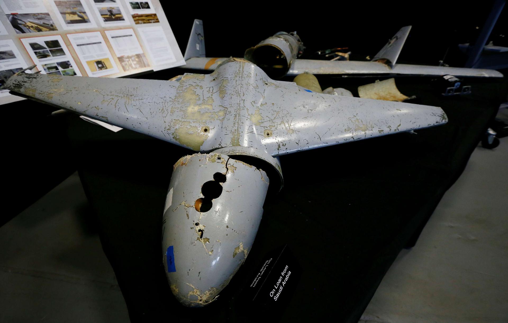 A drone that the Pentagon says was manufactured in Iran but recovered in Yemen, as it sits on display at a military base in Washington