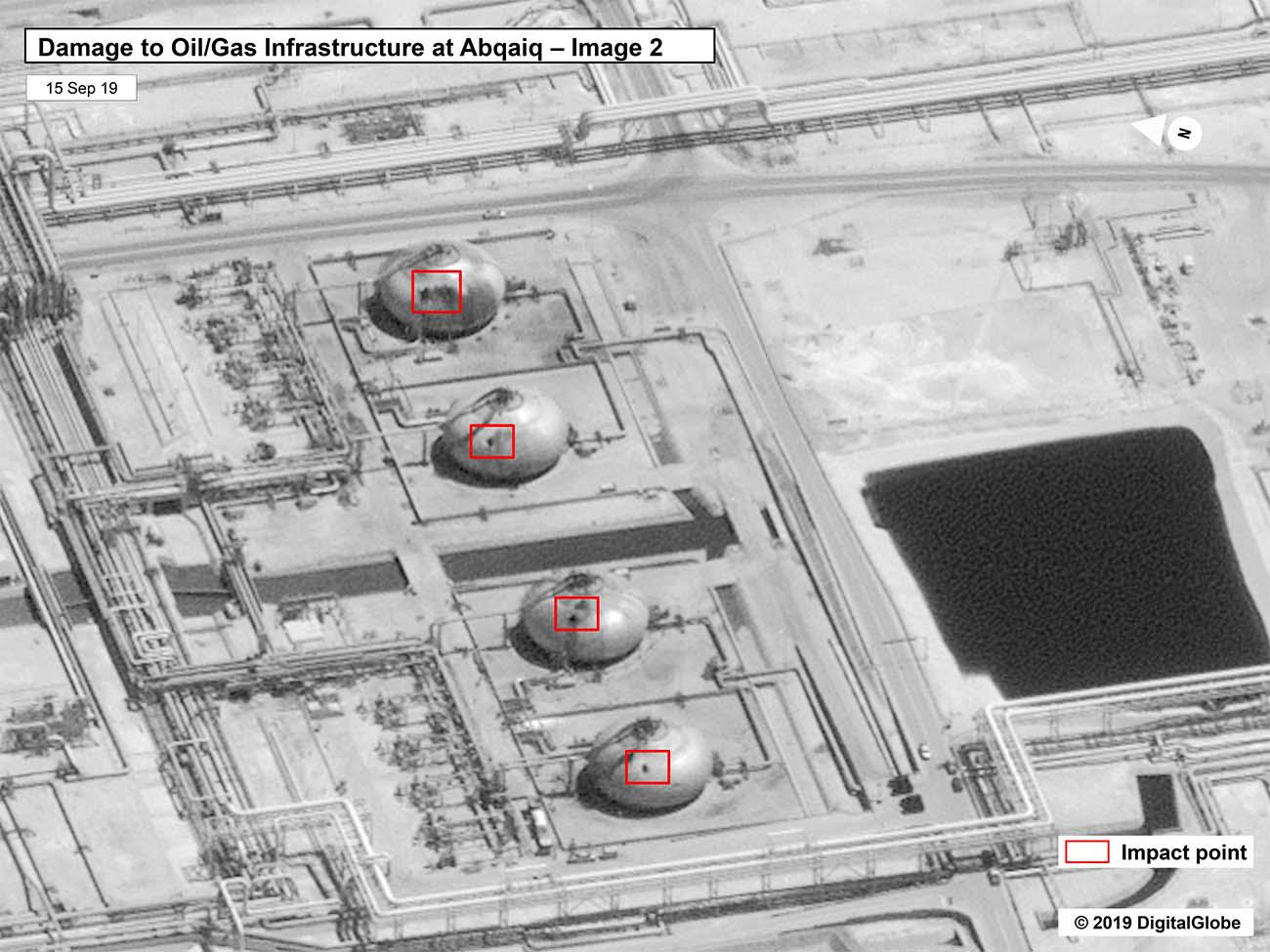 Satellite image of the damage to the infrastructure at Saudi Aramco's Abaqaiq oil processing facility in Buqyaq, Saudi Arabia