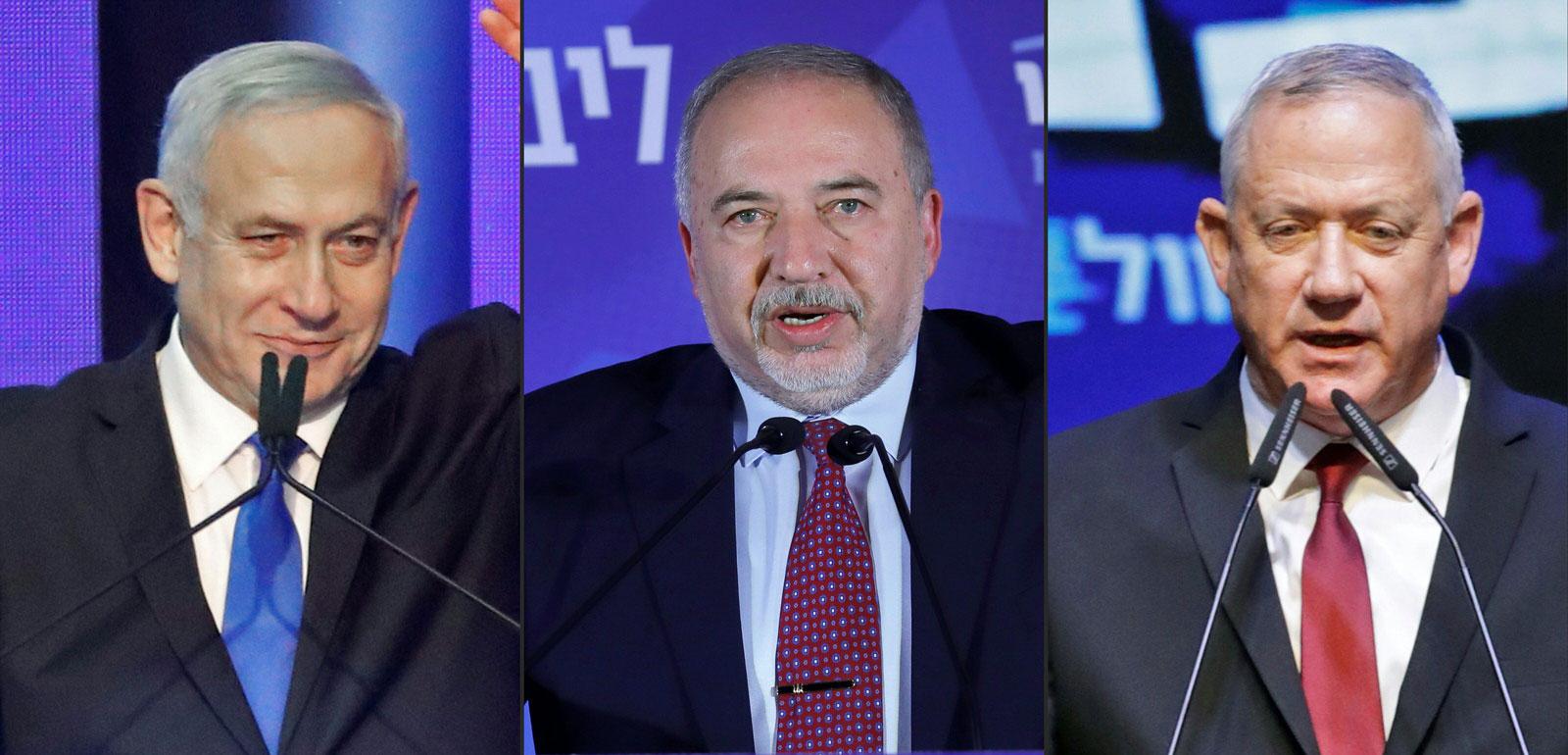(L to R): Israeli Prime Minister Benjamin Netanyahu, Avigdor Lieberman the leader of the Israeli nationalist Yisrael Beiteinu party, and retired General Benny Gantz