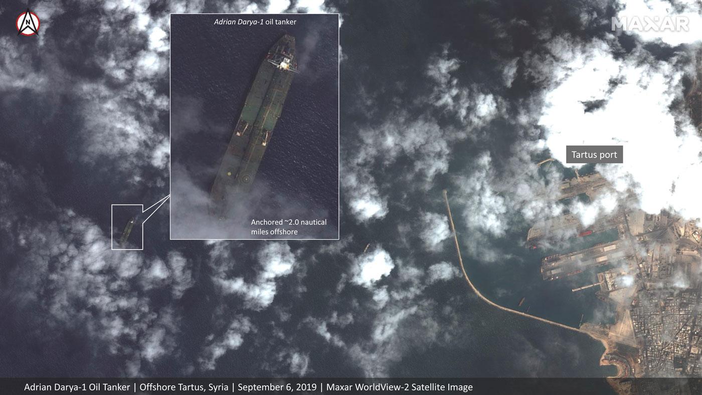 Satellite image provided by Maxar Technologies appears to show the Iranian oil tanker Adrian Darya-1 off the coast of Tartus, Syria