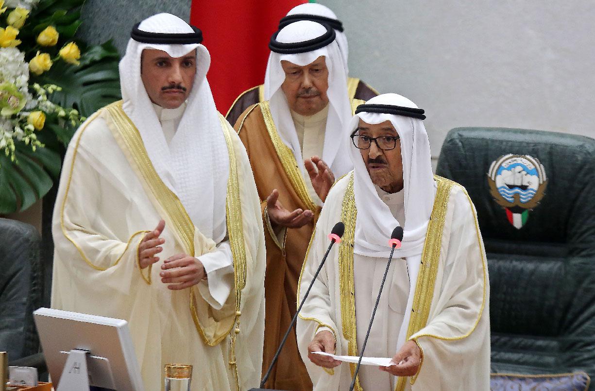 Kuwait's Emir Sheikh Sabah al-Ahmad Al-Sabah (C) addresses the Gulf emirate's parliament