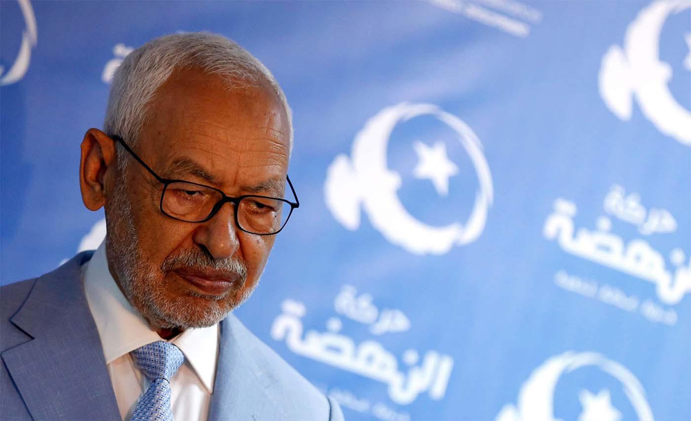 Rached Ghannouchi, leader of Tunisia's moderate Islamist Ennahda Party attends a news conference in Tunis