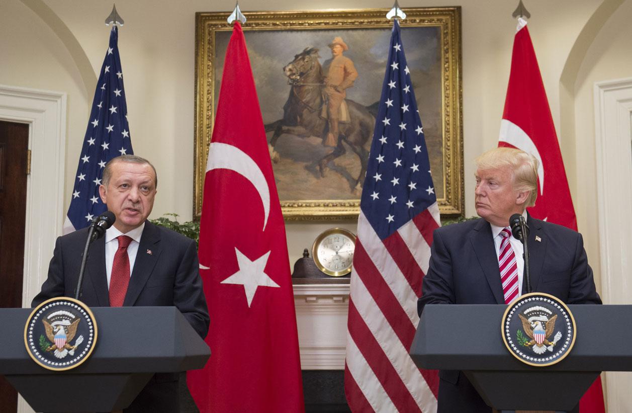 US President Donald Trump and Turkish President Recep Tayyip Erdogan speak to the press in the Roosevelt Room of the White House