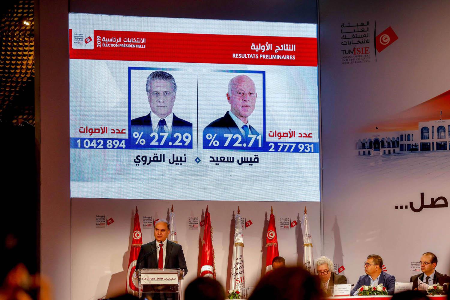 رئيس هيئة الانتخابات المستقلة نبيل بفون يعلن النتائج الأولية للانتخابات الرئاسية التونسية