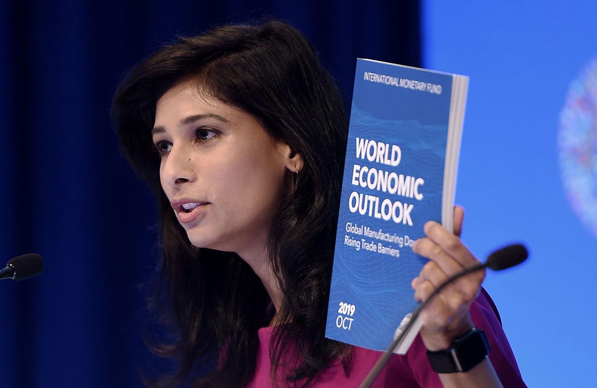 Gita Gopinath, IMF Chief Economist and Director of the Research Department, speaks at a briefing during the IMF and World Bank Fall Meetings on October 15, 2019 in Washington, DC