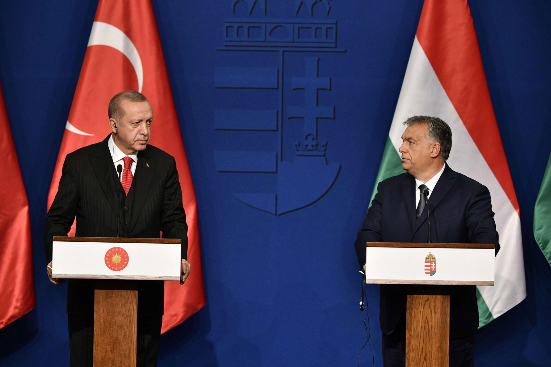 الرئيس التركي رجب طيب أردوغان في مؤتمر صحفي مع رئيس الوزراء المجري فكتور اوربان