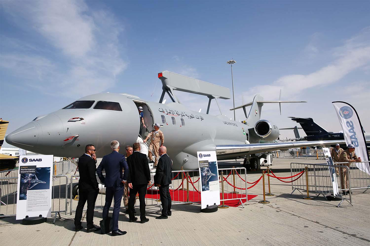 The new surveillance jet GlobalEye is on display during Dubai Air Show 