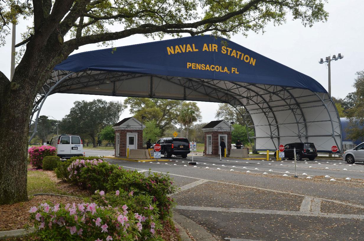 The main gate at Naval Air Station Pensacola is seen on Navy Boulevard in Pensacola, Florida