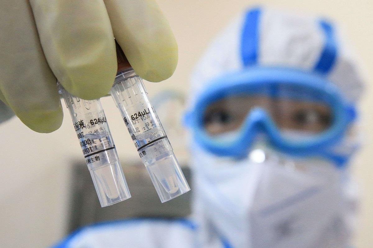 تقني يحمل عينات من فيروس كورونا في مختبر في هنغيانغ بوسط الصين