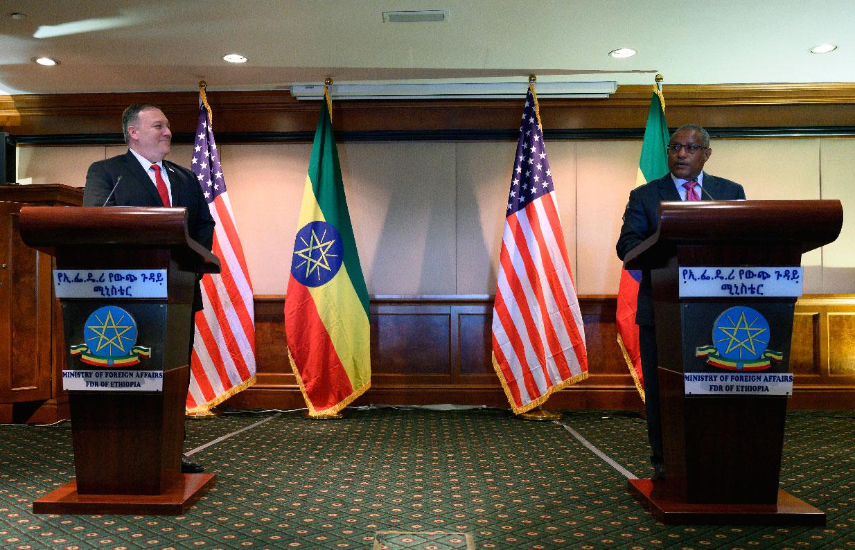 US Secretary of State Mike Pompeo (L) takes part in a press conference with Ethiopian Foreign Minister Gedu Andargachew
