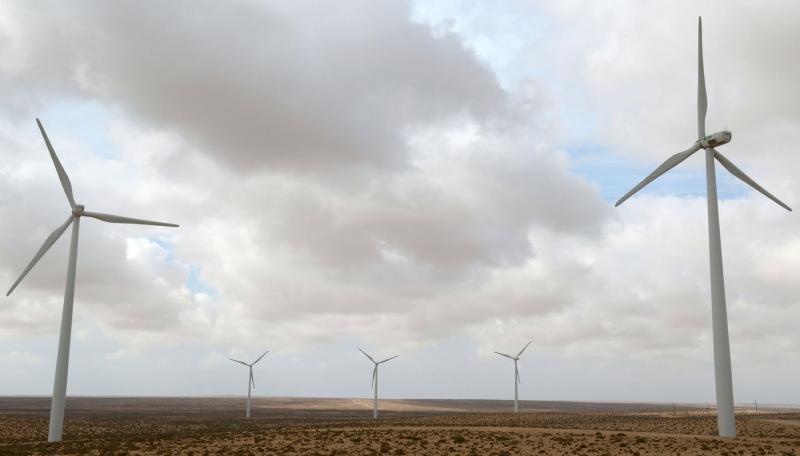 Wind turbines at a wind farm in the southwestern Moroccan city of Tarfaya