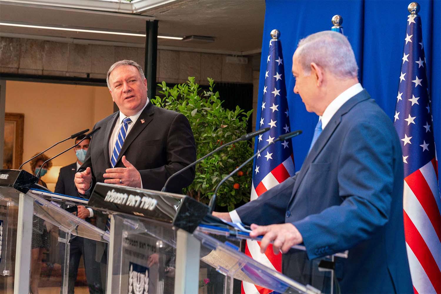 US Secretary of State Mike Pompeo (L) and Israeli Prime Minister Benjamin Netanyahu hold a joint press conference after their meeting