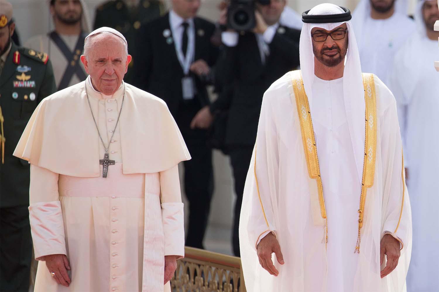 Pope Francis welcomed by Abu Dhabi's Crown Prince Mohamed bin Zayed al-Nahyan last Year in Abu Dhabi