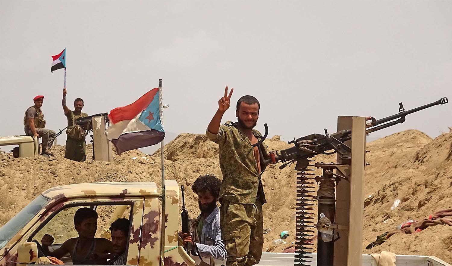 Yemen's Southern Transitional Council stand guard in the Sheikh Salim area in the southern Abyan province