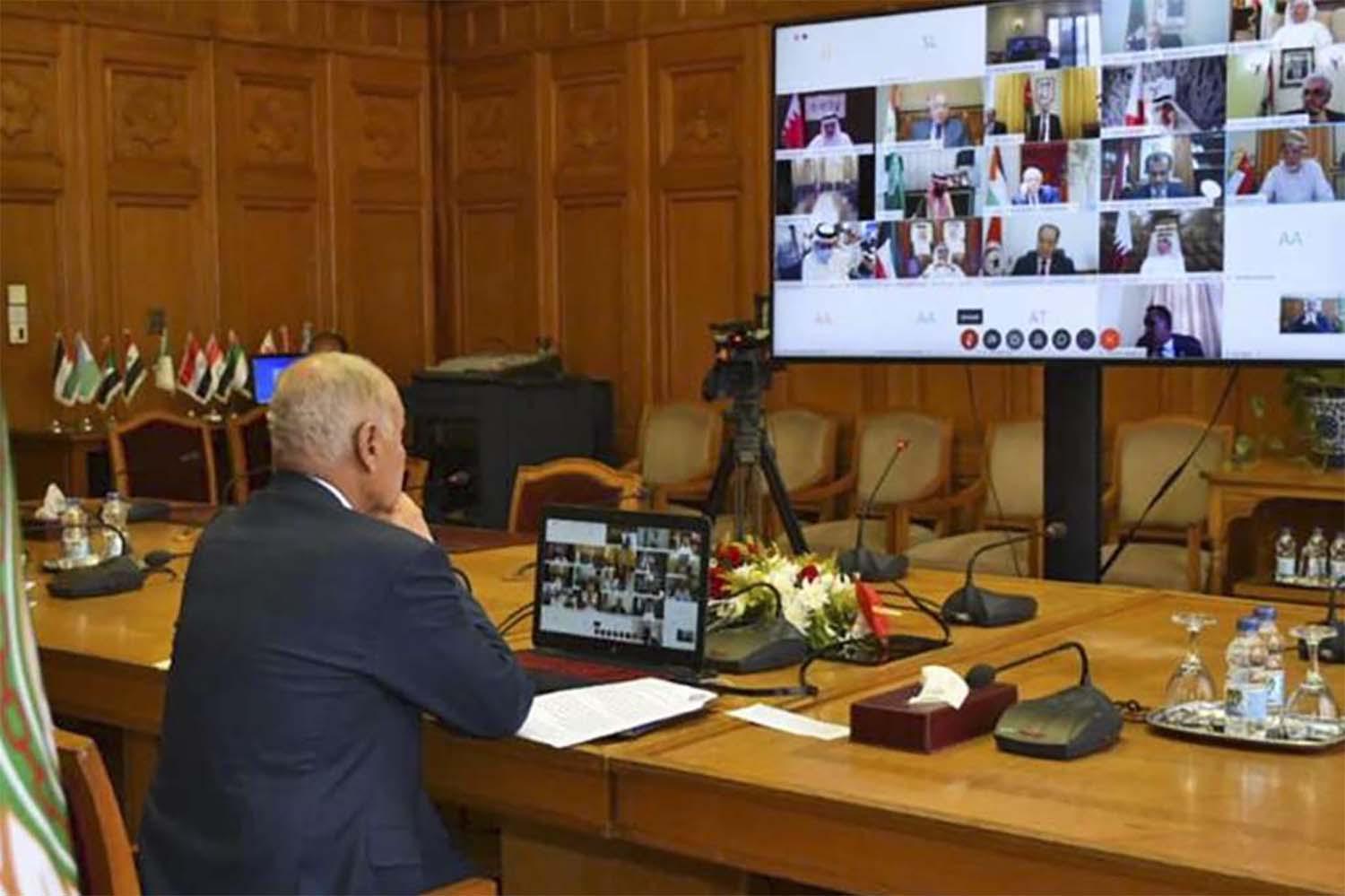 Arab League Chief Ahmed Abul Gheit chairing an urgent virtual foreign ministers meeting on Libya