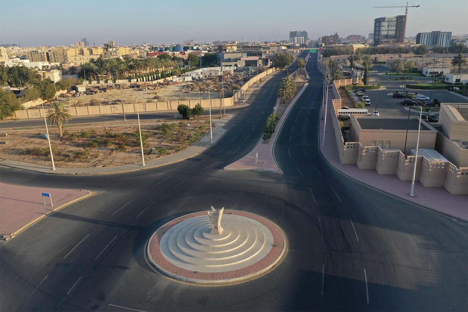 An aerial view shows deserted streets in the Saudi coastal city of Jeddah