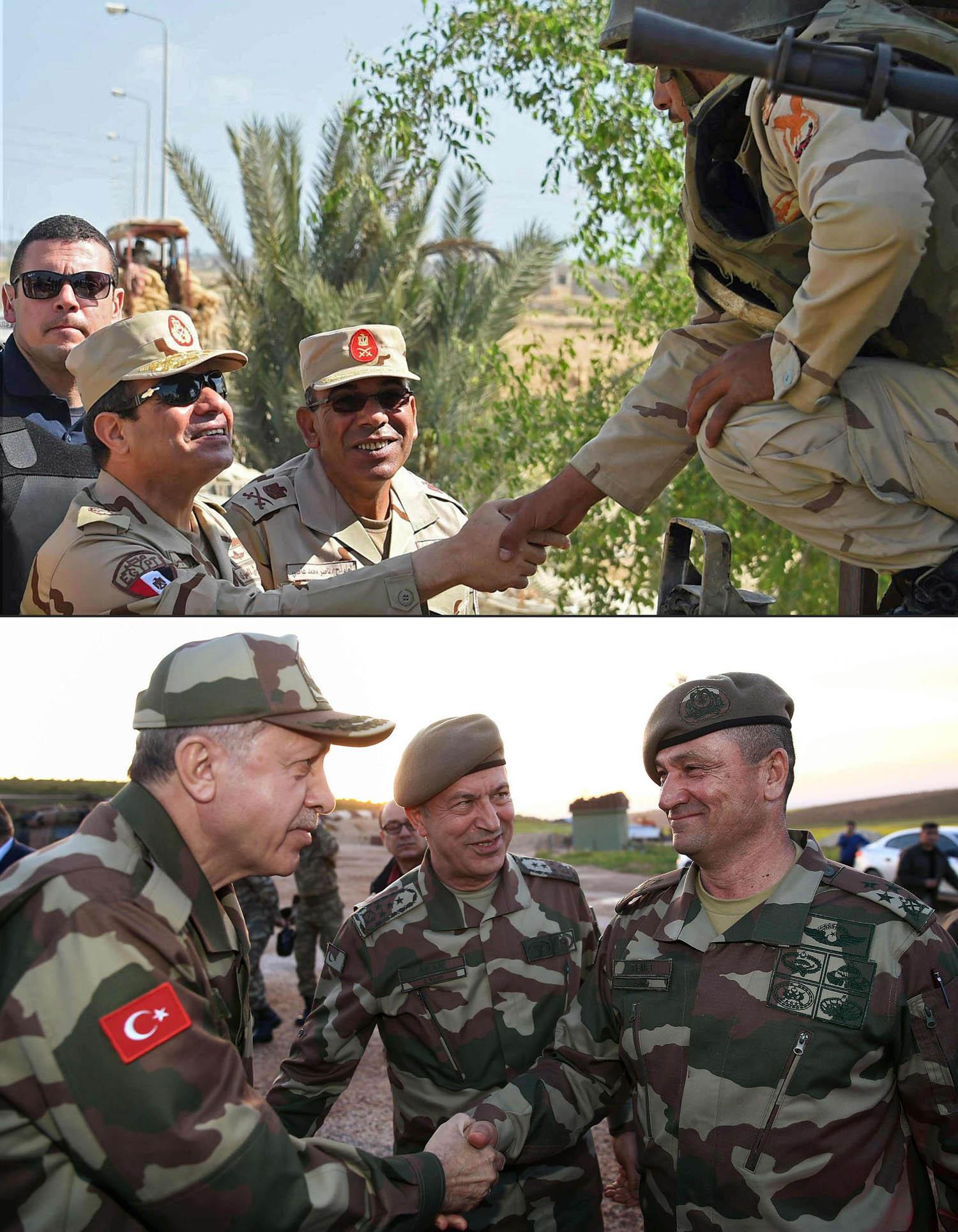 صورتان للرئيس المصري عبدالفتاح السيسي والتركي رجب طيب أردوغان مع أفراد في القوات المسلحة