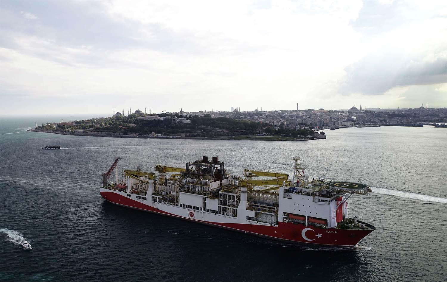 Turkey's drilling vessel Fatih sails through Bosphorus as she leaves for the Black Sea in Istanbul May 29