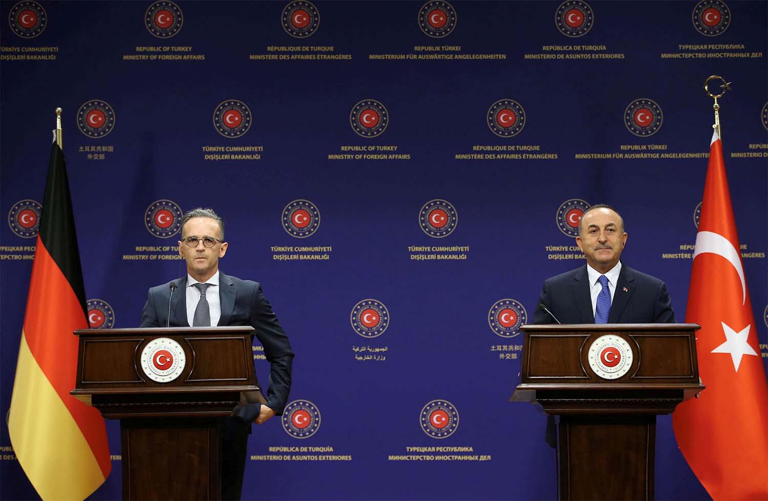 Turkish Foreign Minister Mevlut Cavusoglu and his German counterpart Heiko Maas attend a press conference in Ankara