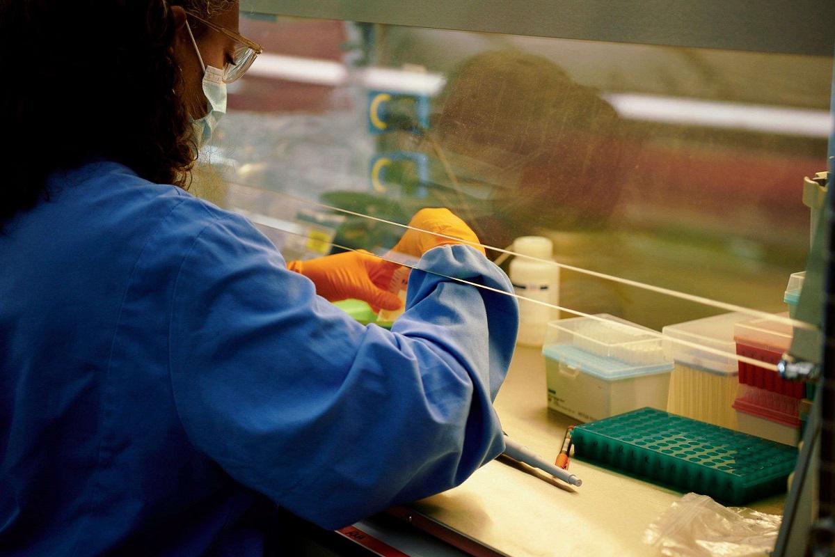 حد أعضاء فريق علمي بريطاني يستعد لاستخراج المادة الوراثية من عينات فيروس كورونا