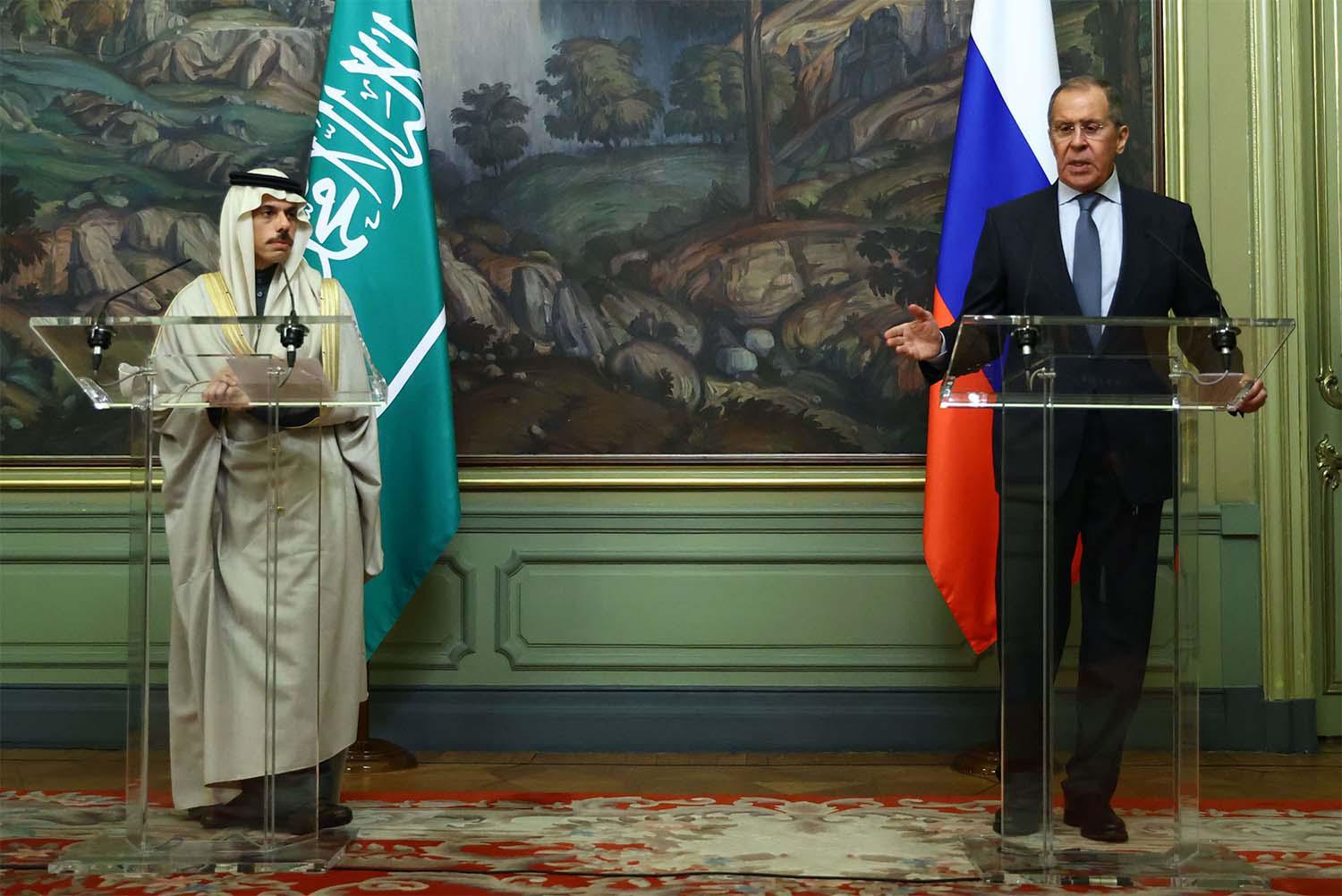 Russian Foreign Minister Sergei Lavrov and his Saudi counterpart Prince Faisal bin Farhan al-Saud hold a joint press conference following their meeting in Moscow