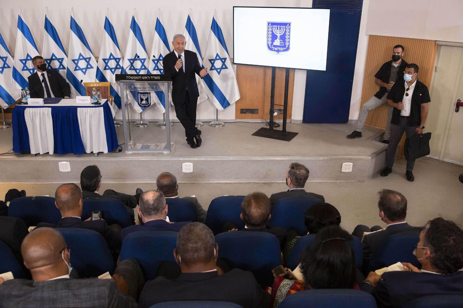 رئيس الوزراء الاسرائيلي بنيامين نتنياهو في مؤتمر صحفي