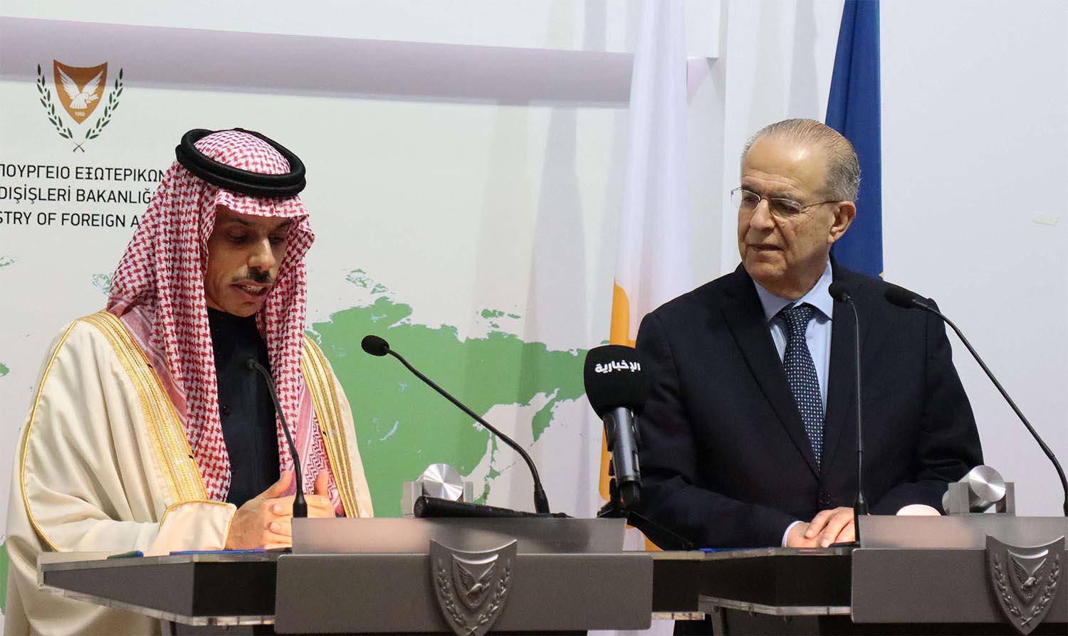 Saudi Foreign Minister Prince Faisal Bin Farhan Al-Saud with Cyprus Foreign Minister Ioannis Kasoulides speaking to the media