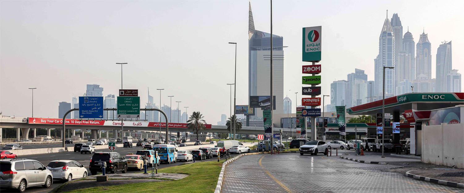 Long queue at a petrol station in Dubai