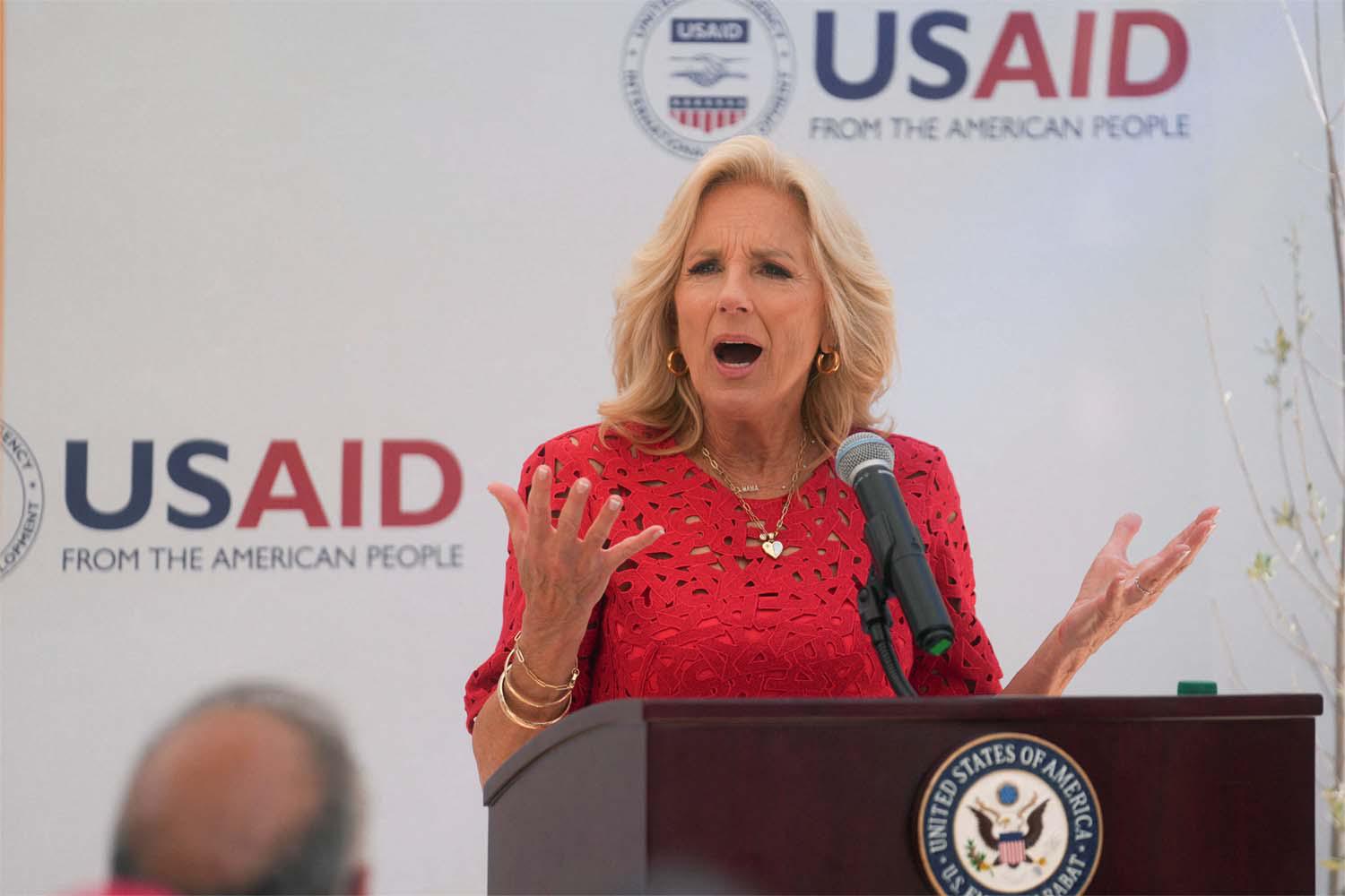 Jill Biden delivering a speech as she visits Ennakhil Association in Marrakech