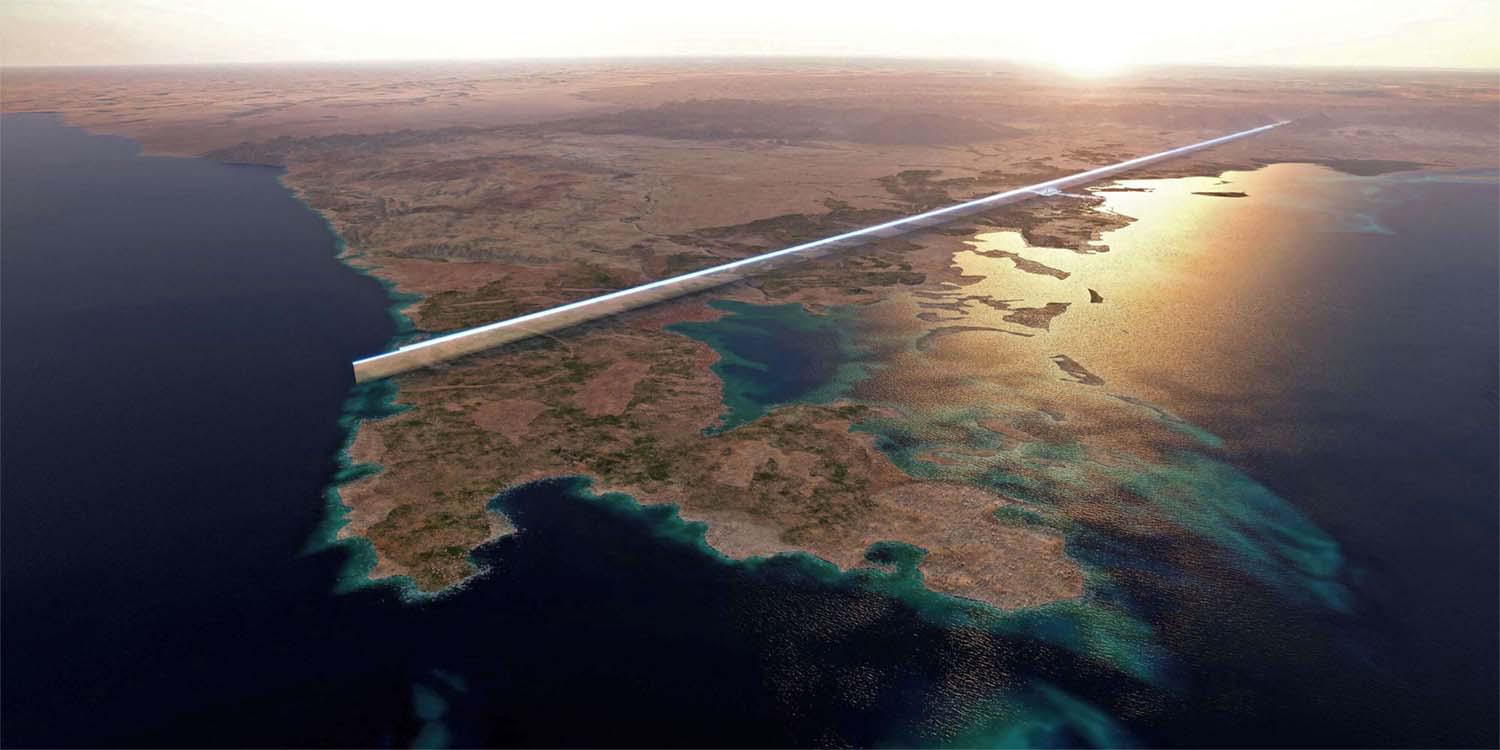 The design plan for the 500-metre tall parallel structures, known collectively as The Line, in the heart of the projected Red Sea megacity NEOM
