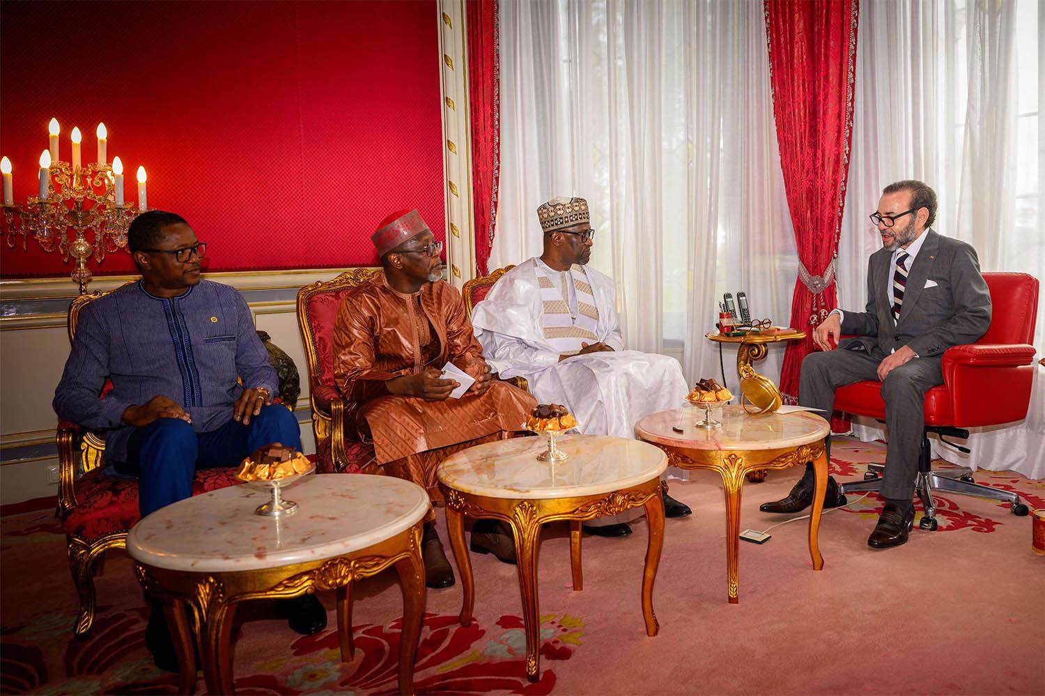 King Mohammed VI meeting with Burkinabe FM Karamoko Jean Marie Traore (L), Niger's FM Bakary Yaou Sangare (2nd-L) and Mali's FM Adboulaye Diop in Rabat 
