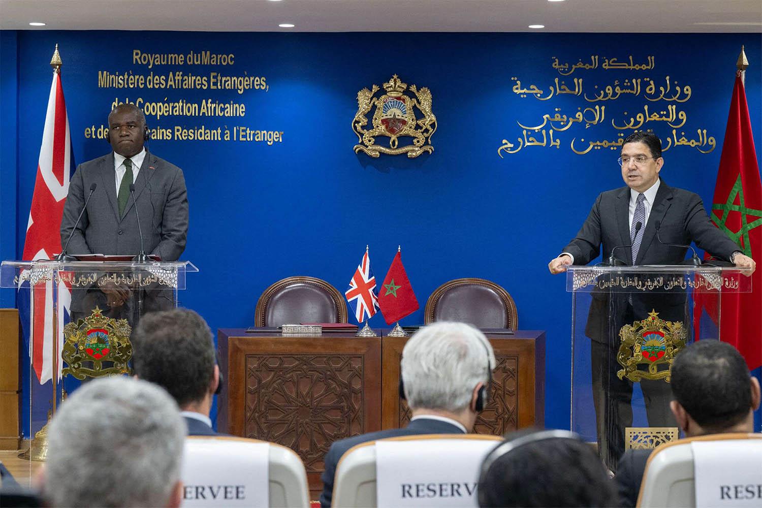 British Foreign Secretary David Lammy (L) and his Moroccan counterpart Nasser Bourita attend a press conference in Rabat 