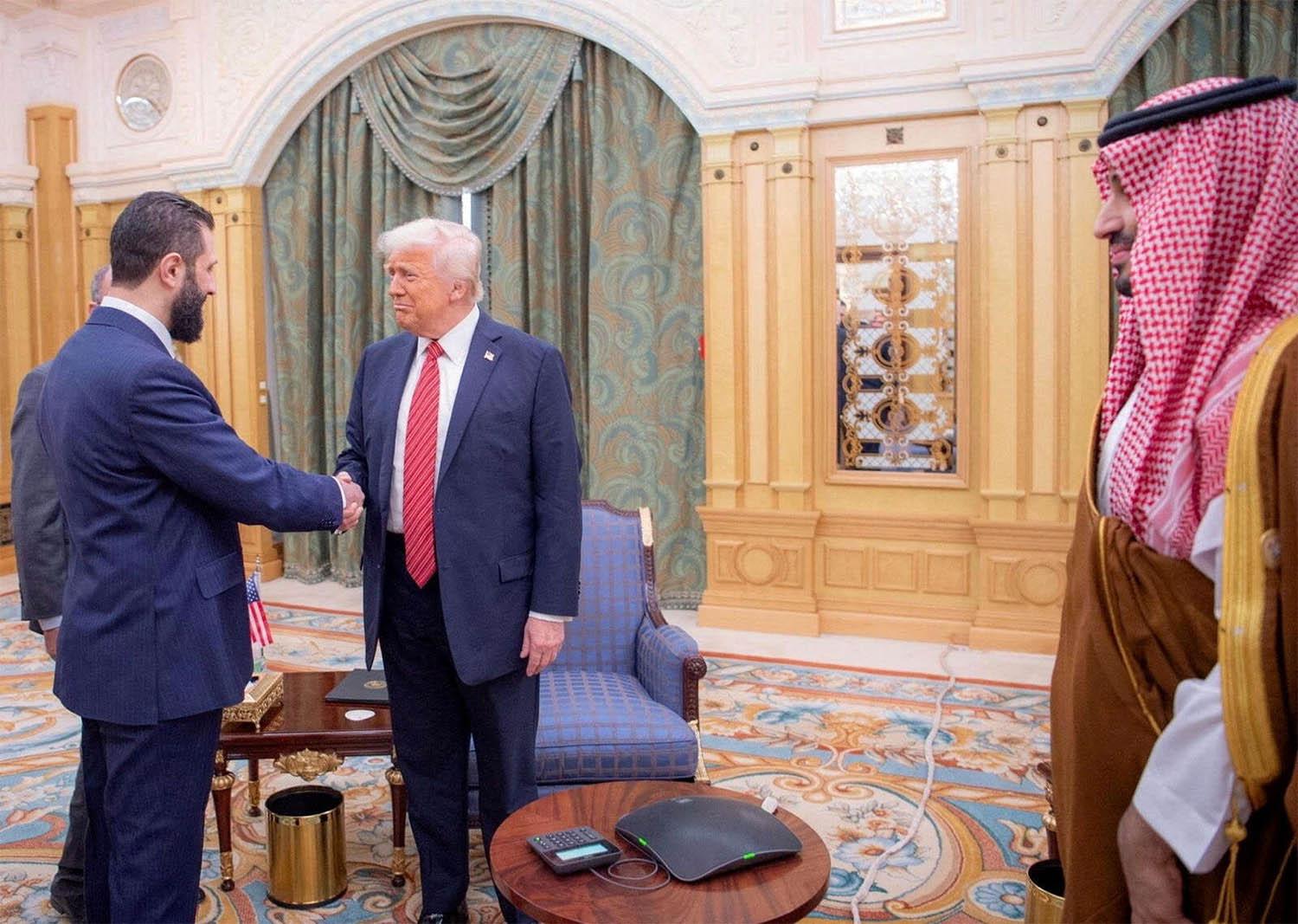 US President Donald Trump meets with Syrian President Ahmed al-Sharaa May 14 in Riyadh 