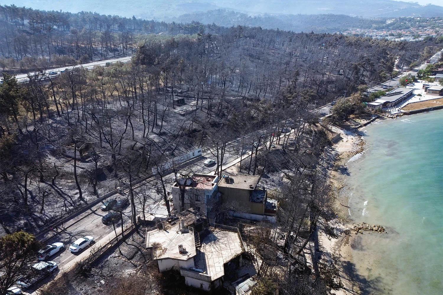 A drone view shows the aftermath of a wildfire in GuzelyaIi, Canakkale