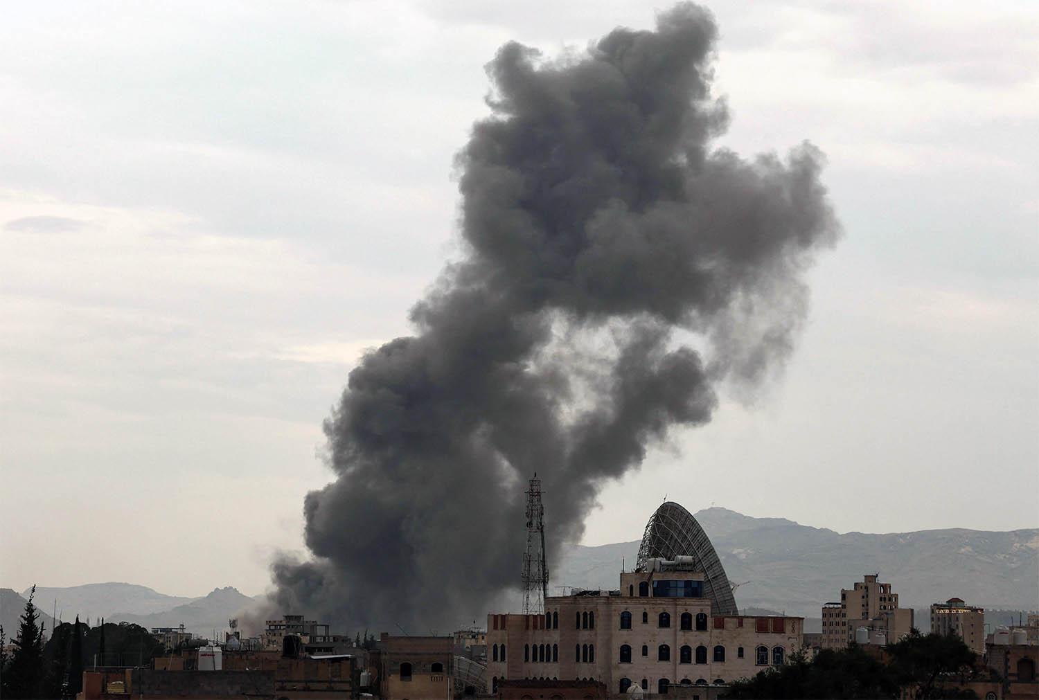 Smoke billows following an Israeli airstrike in Sanaa