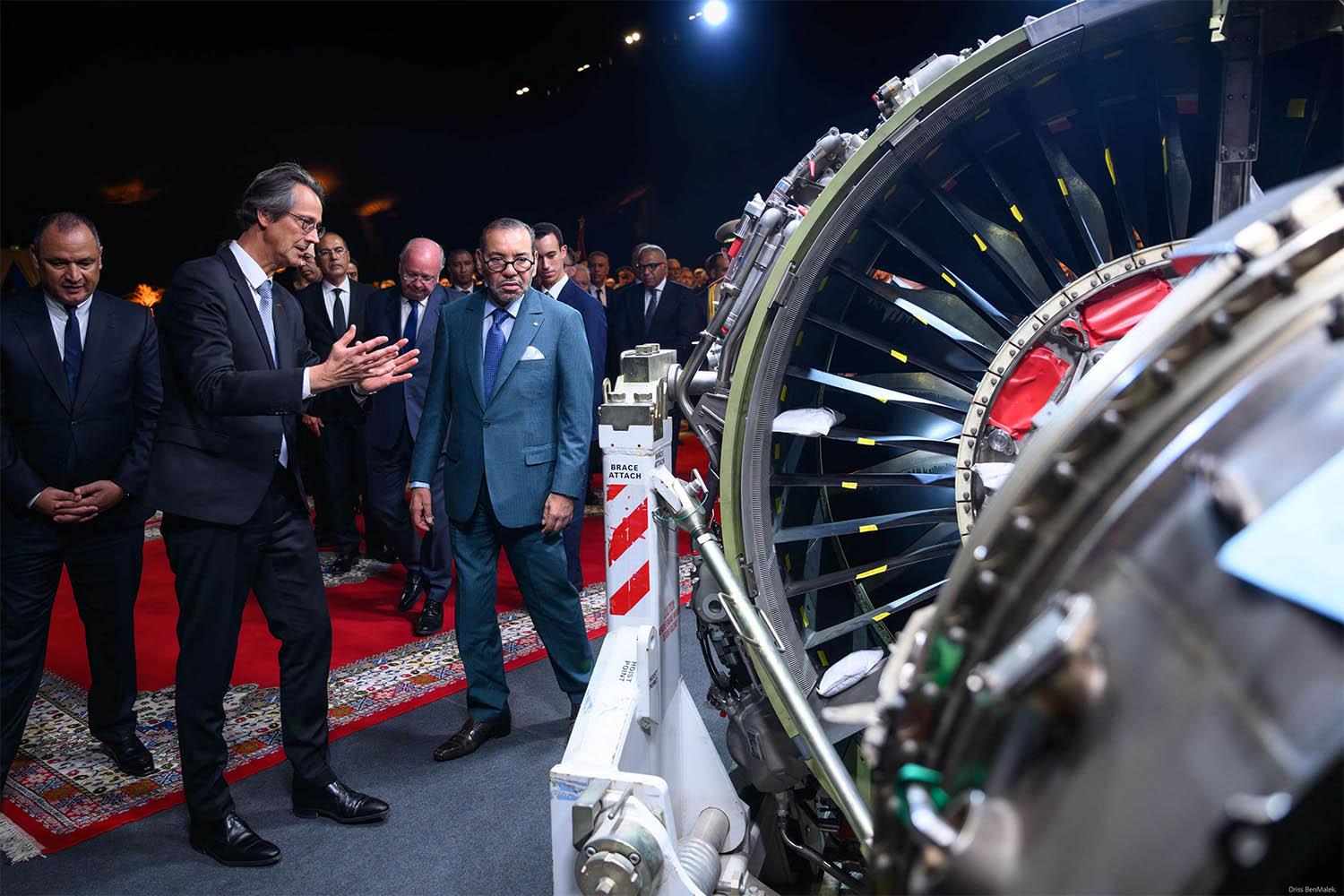 King Mohammed VI during a ceremony to launch construction works for an industrial complex of the French group Safran in Nouaceur