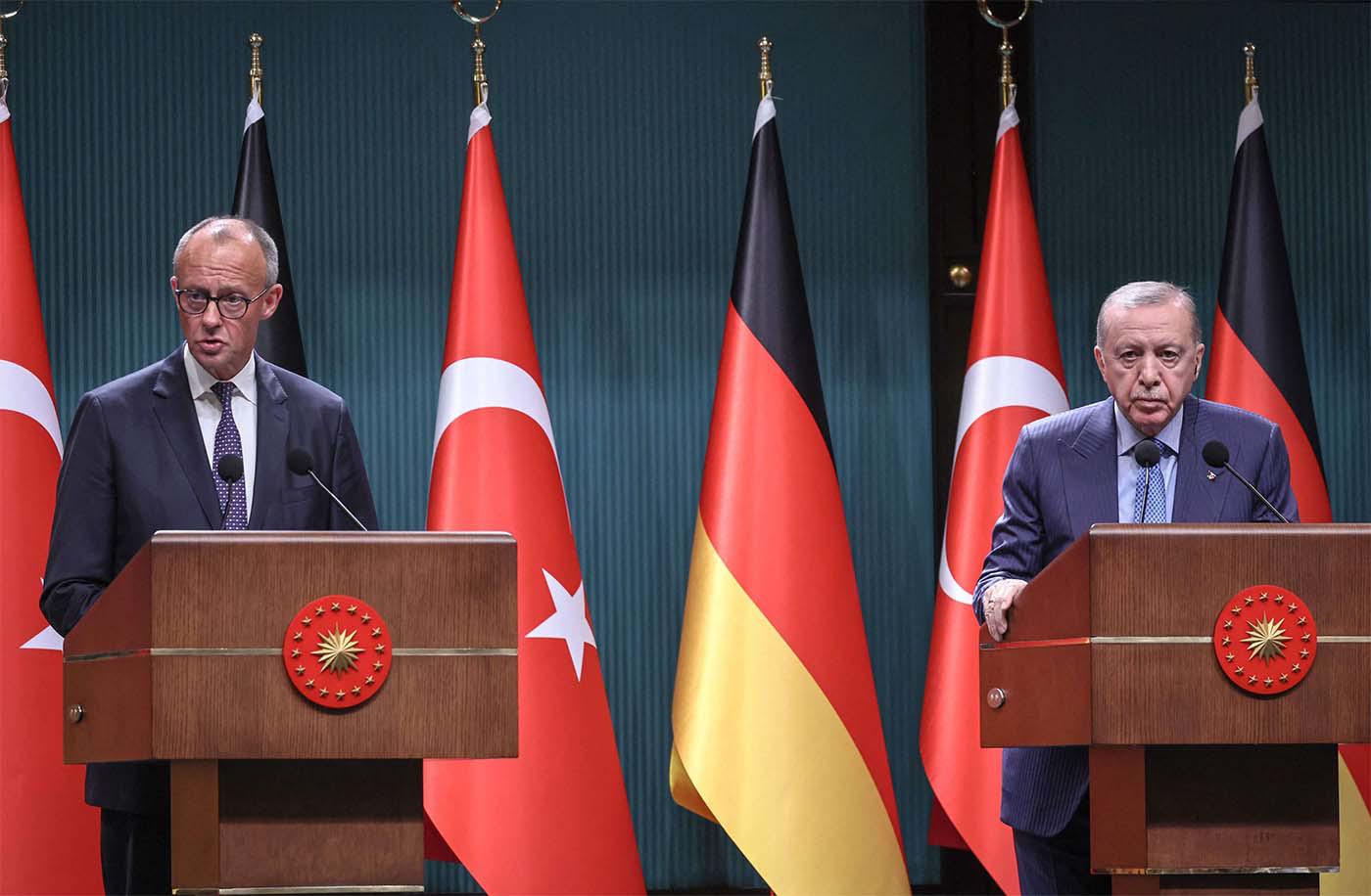 Erdogan at a joint news conference with German Chancellor Friedrich Merz in Ankara 