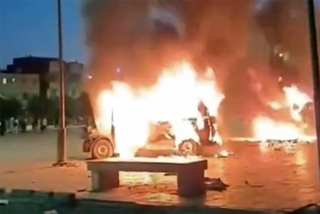 A burning car during the youth-led protests in Inzegane, near Agadir