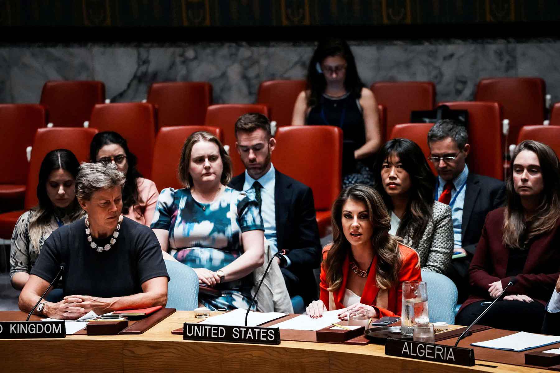 Deputy United States Special Envoy to the Middle East Morgan Ortagus speaks to members of the UN Security Council in New York City, September 18, 2025.