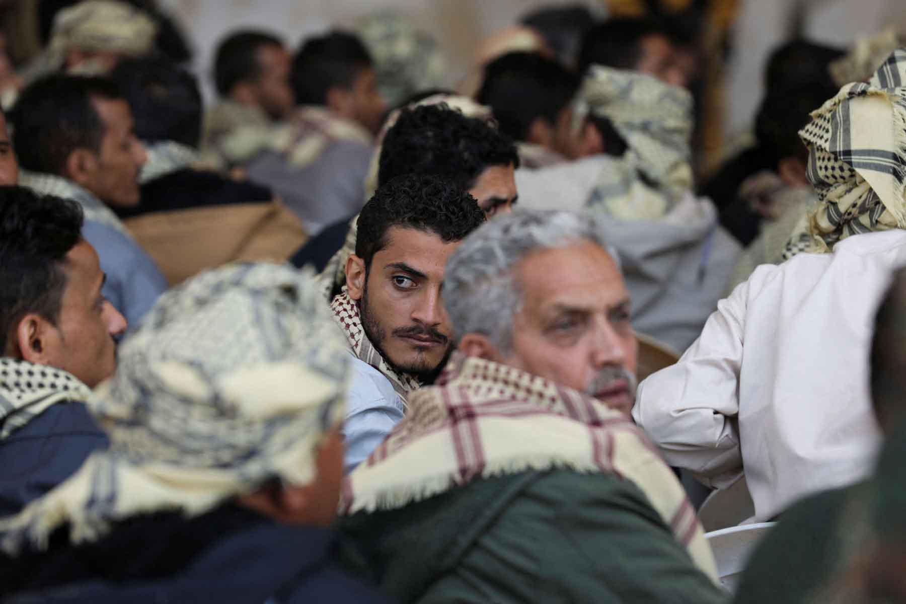 People detained by the Houthis sit while they wait for their release in Sana’a, Yemen, January 25, 2025. 