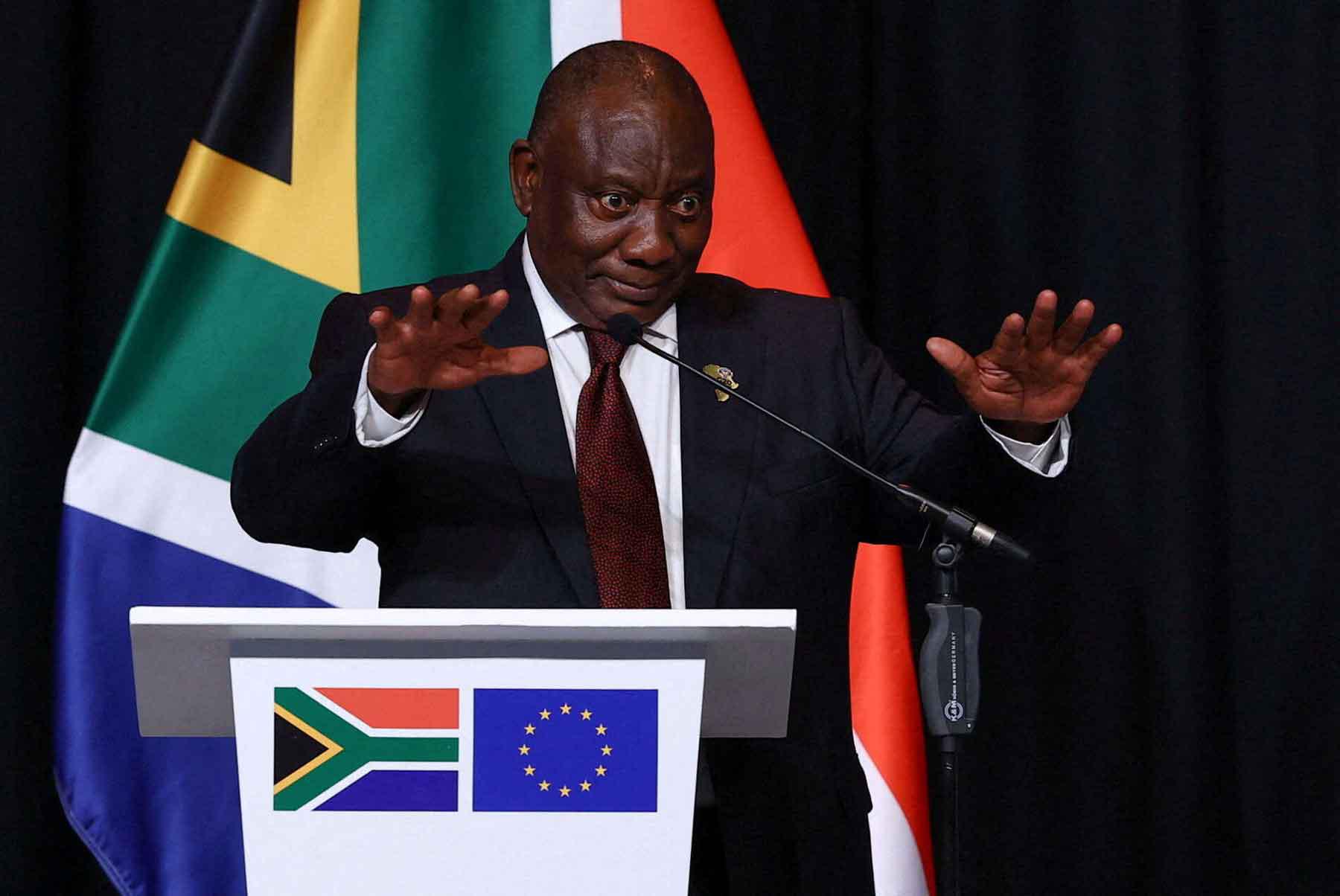 South Africa’s President Cyril Ramaphosa gestures before a news conference in Johannesburg, South Africa, November 20, 2025. 