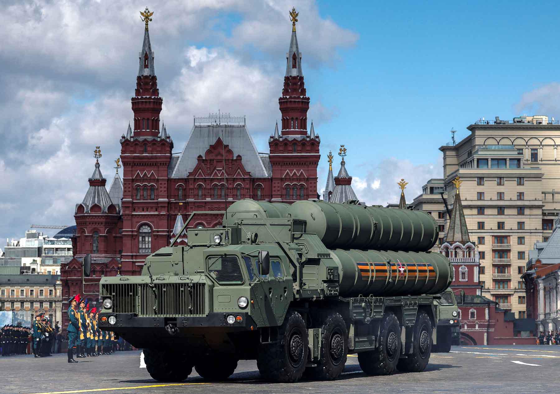A Russian S-400 air defence system unit drives along Red Square in central Moscow, May 5, 2024. 